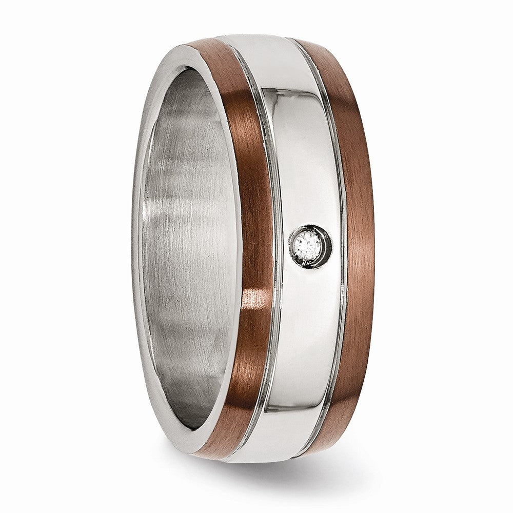 Diamond Wedding Band in Stainless Steel with Brown IP Edge, 8mm