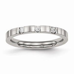 Three-Stone Cubic Zirconia Flat Wedding Band in Stainless Steel, 2.5mm - Sophia Jewelers