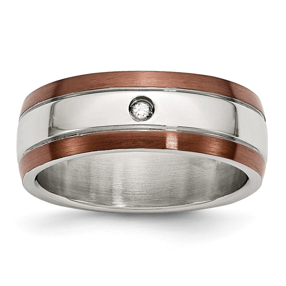 Diamond Wedding Band in Stainless Steel with Brown IP Edge, 8mm