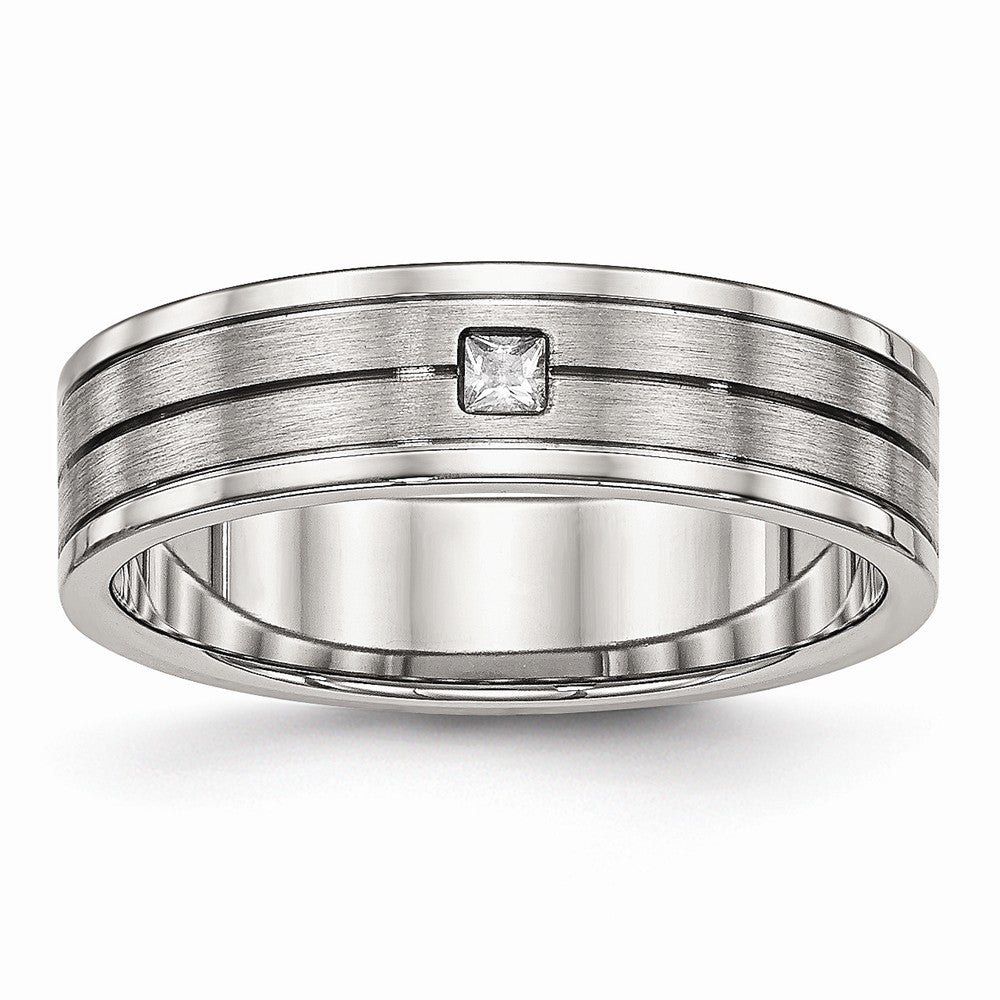 CZ Grooved Wedding Band in Stainless Steel, 6mm
