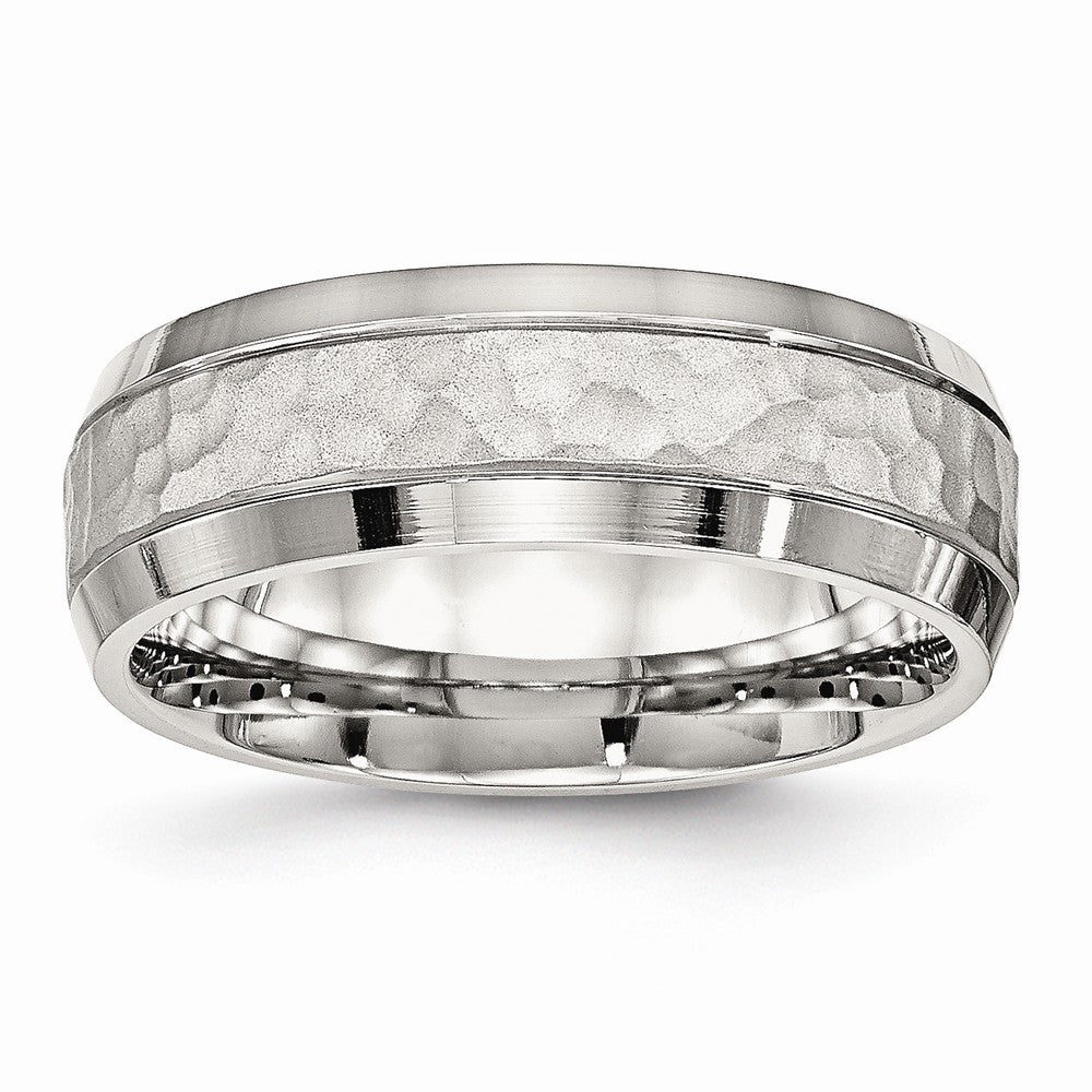 Stainless Steel Wedding Band with Brushed and Polished Hammered Finish Main image