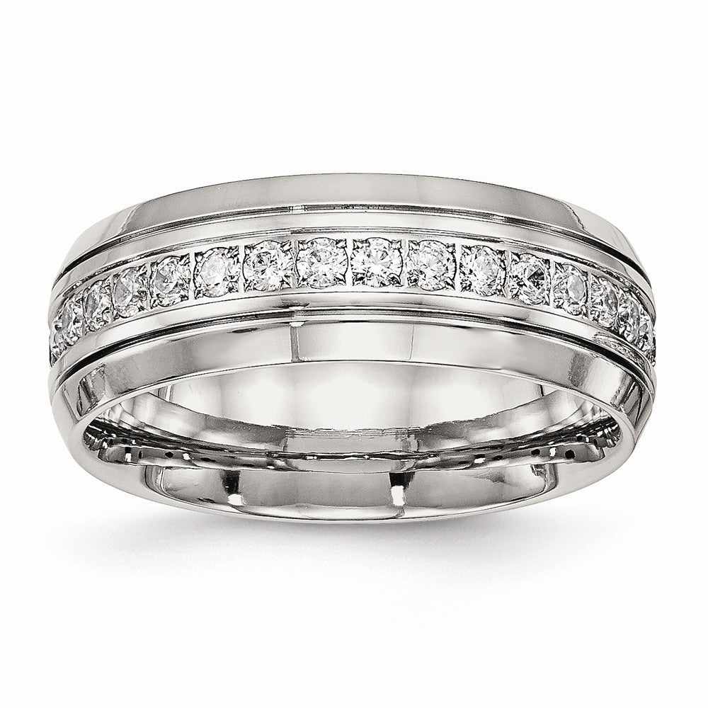 Stainless Steel Polished Half Round Grooved CZ Ring