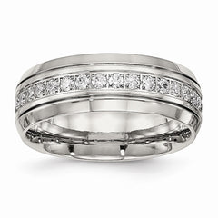 Stainless Steel Polished Half Round Grooved CZ Ring