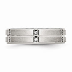 Stainless Steel Wedding Band with CZ and Grooved Polished Finish