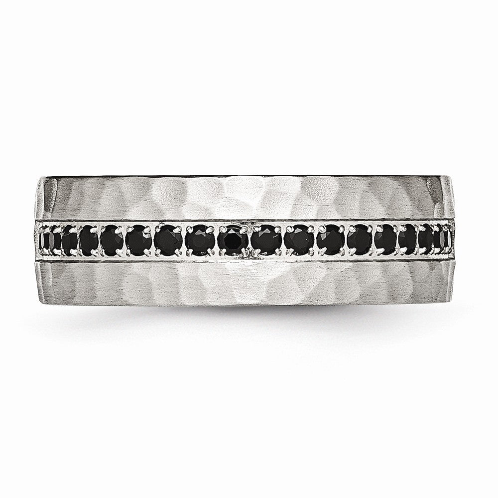 Brushed & Hammered Band in Stainless Steel with Black CZ, 7.5mm