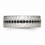 Brushed & Hammered Band in Stainless Steel with Black CZ, 7.5mm