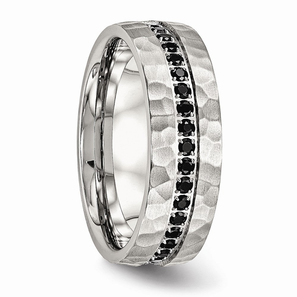 Brushed & Hammered Band in Stainless Steel with Black CZ, 7.5mm