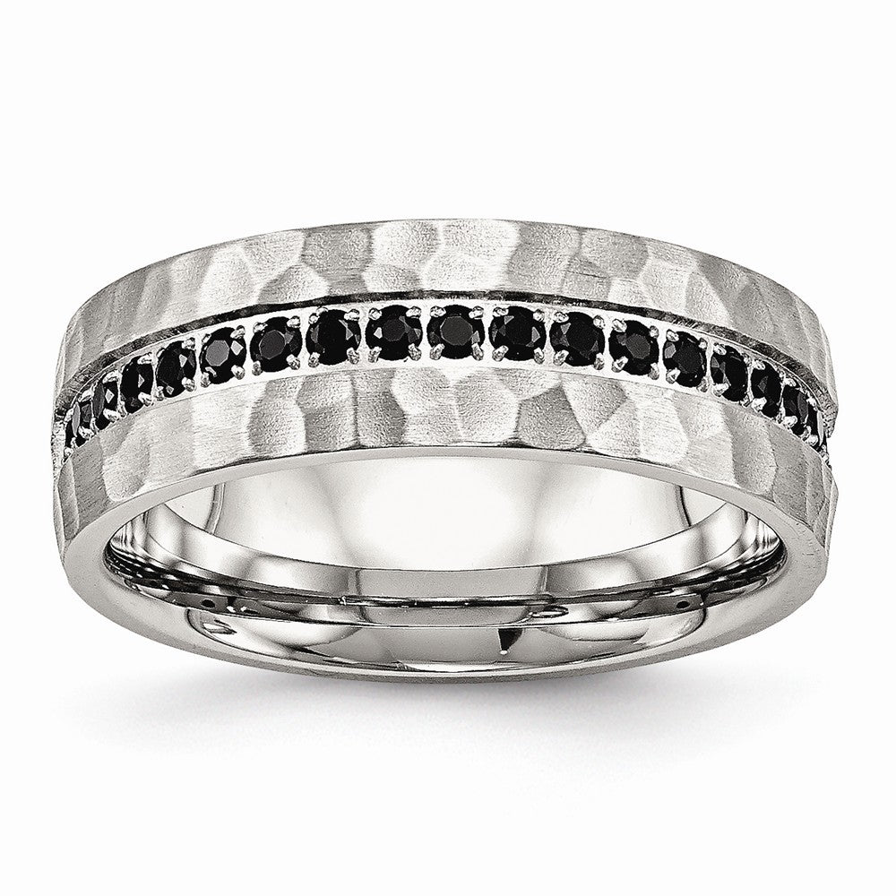 Brushed & Hammered Band in Stainless Steel with Black CZ, 7.5mm