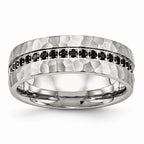 Brushed & Hammered Band in Stainless Steel with Black CZ, 7.5mm
