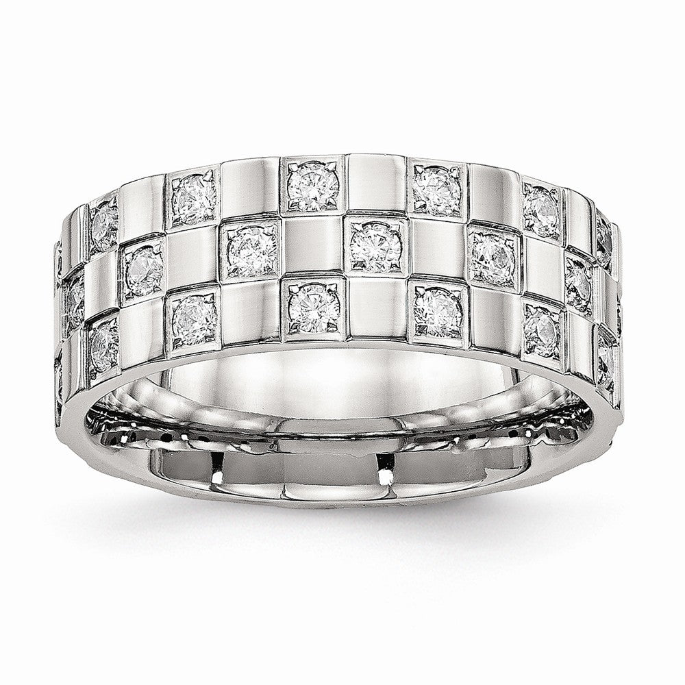 Stainless Steel Polished Checkered Board CZ Ring