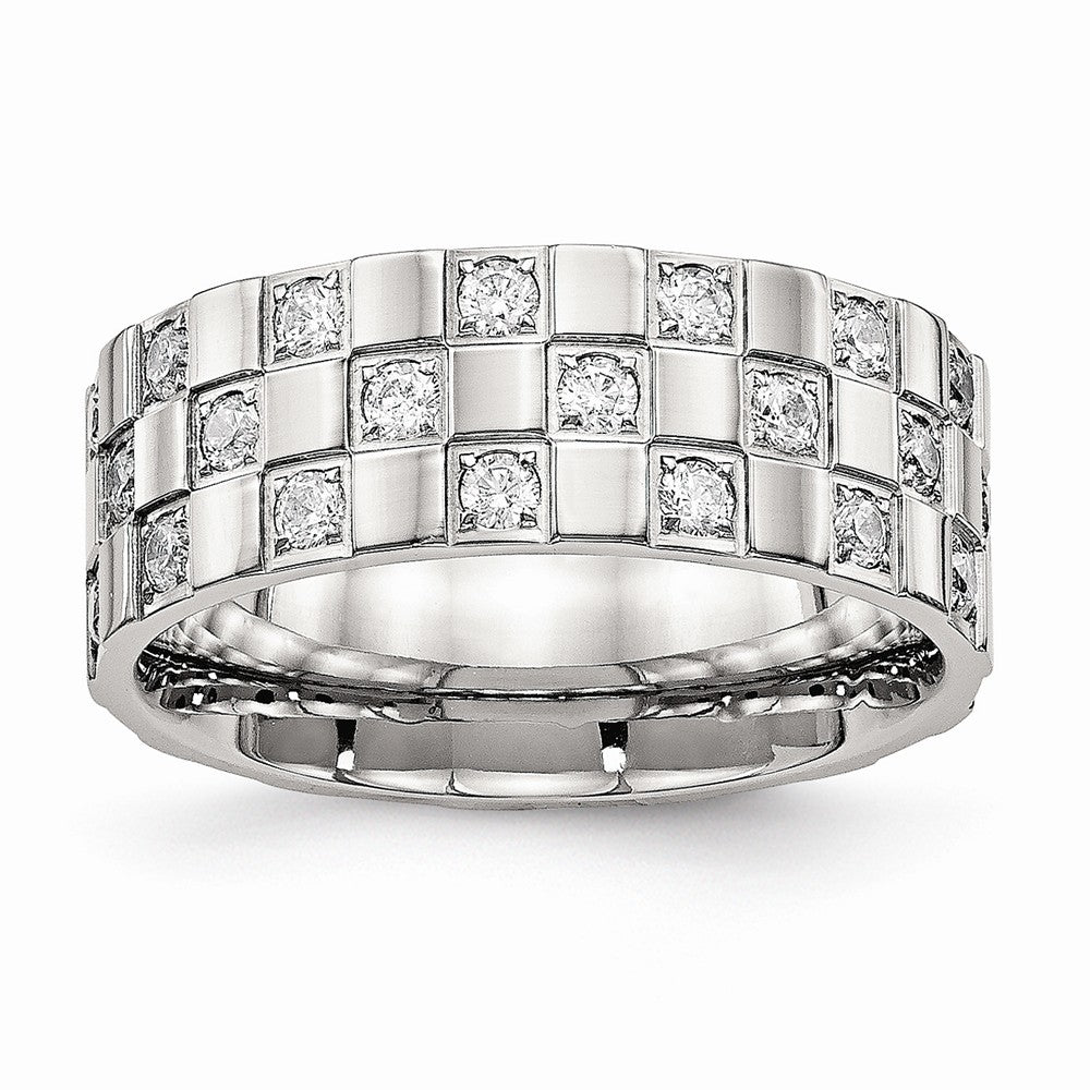 Stainless Steel Wedding Band with Polished CZ Checkered Design - 5