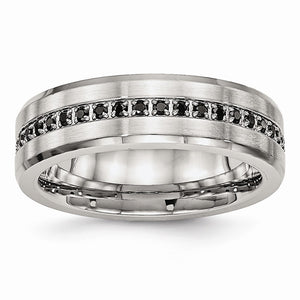Chisel Black Cubic Zirconia Wedding Band in Stainless Steel, 6.5mm Brushed & Polished, Size 5–10 - Sophia Jewelers