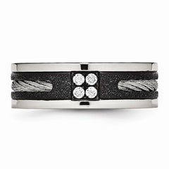 Stainless Steel Polished Laser Cut Blk IP Wire Inlay CZ Band