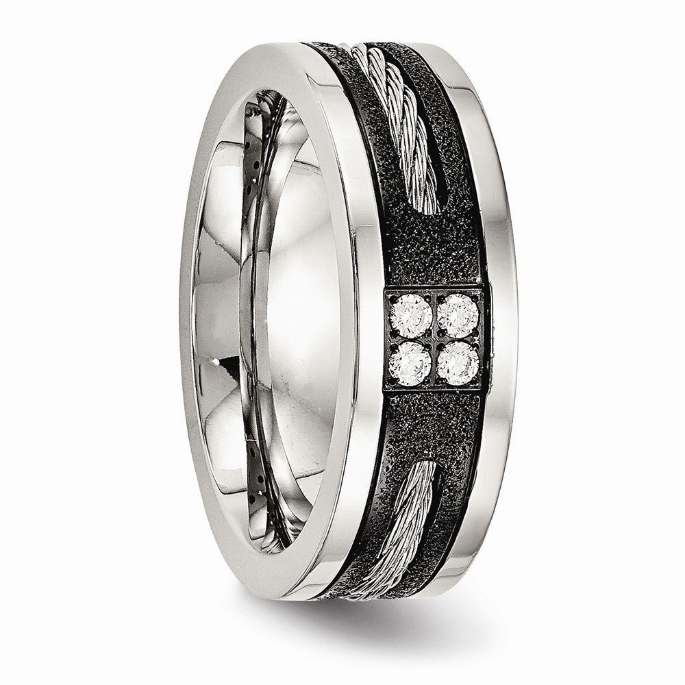 Black IP Laser-Cut Wedding Band in Stainless Steel with CZ, 8mm