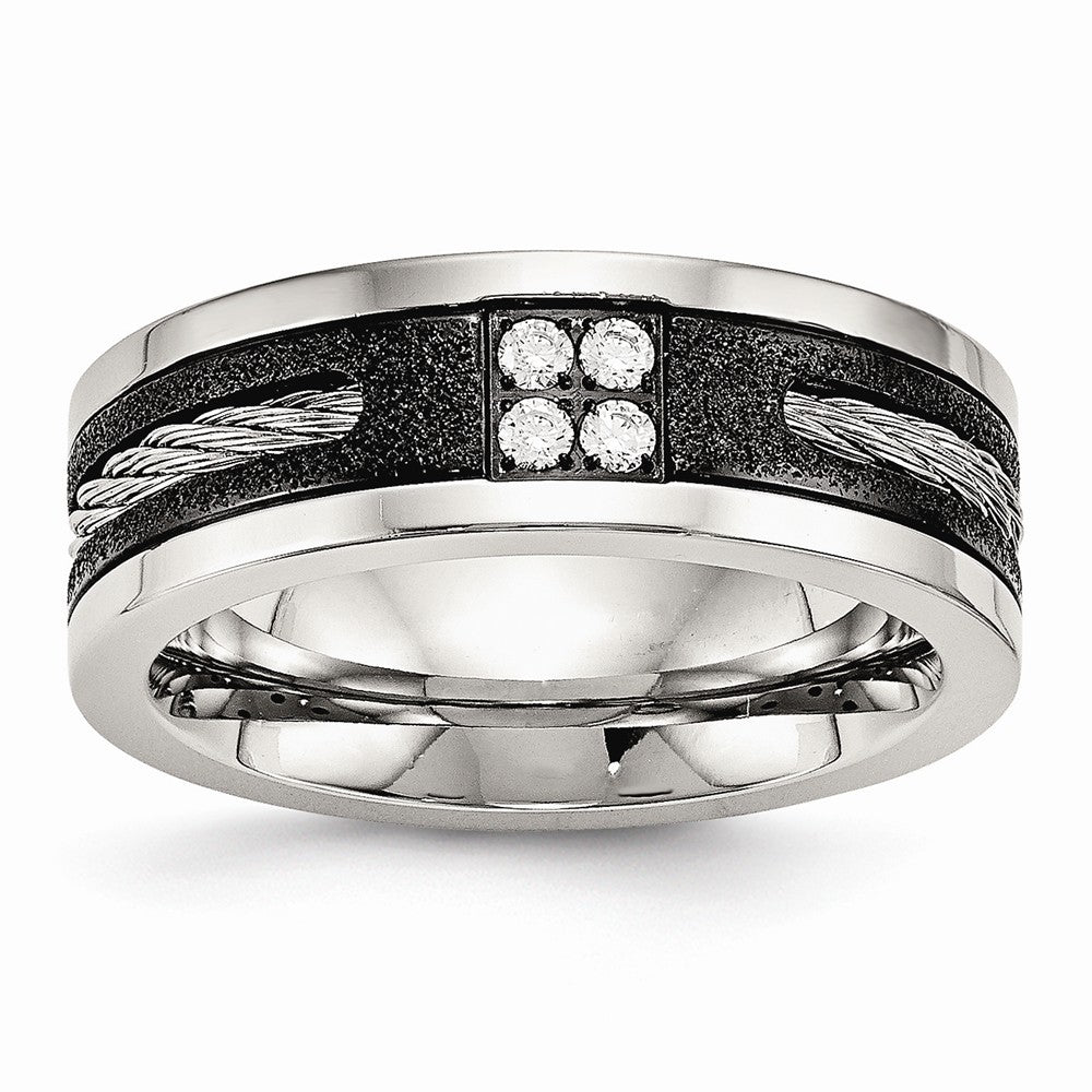Black IP Laser-Cut Wedding Band in Stainless Steel with CZ, 8mm