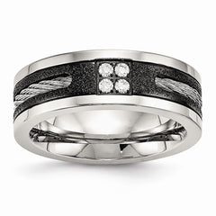 Stainless Steel Polished Laser Cut Blk IP Wire Inlay CZ Band