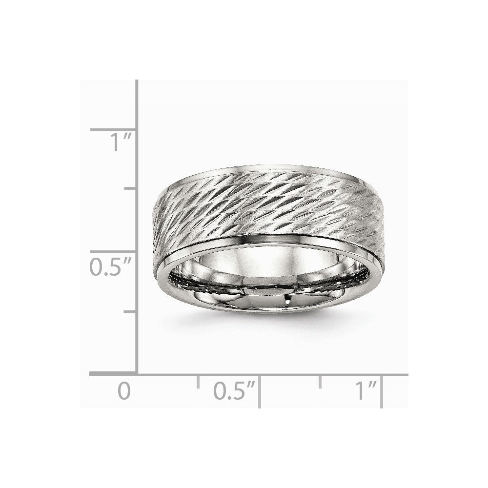 Stainless Steel Polished w/Brushed Center Ridged Edge Diamond Cut Ring