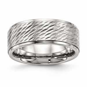 Ridged Edge Wedding Band in Stainless Steel, 9mm, Size 8–14 - Sophia Jewelers
