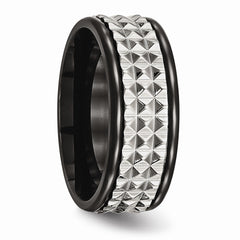 Stainless Steel Black IP Wedding Band with Polished Textured Finish - 7 - 7