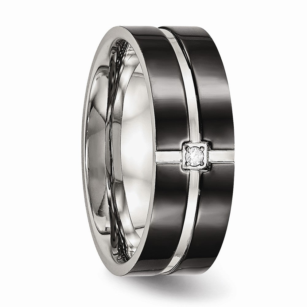 Stainless Steel Polished Black IP Grooved CZ Comfort Back Ring