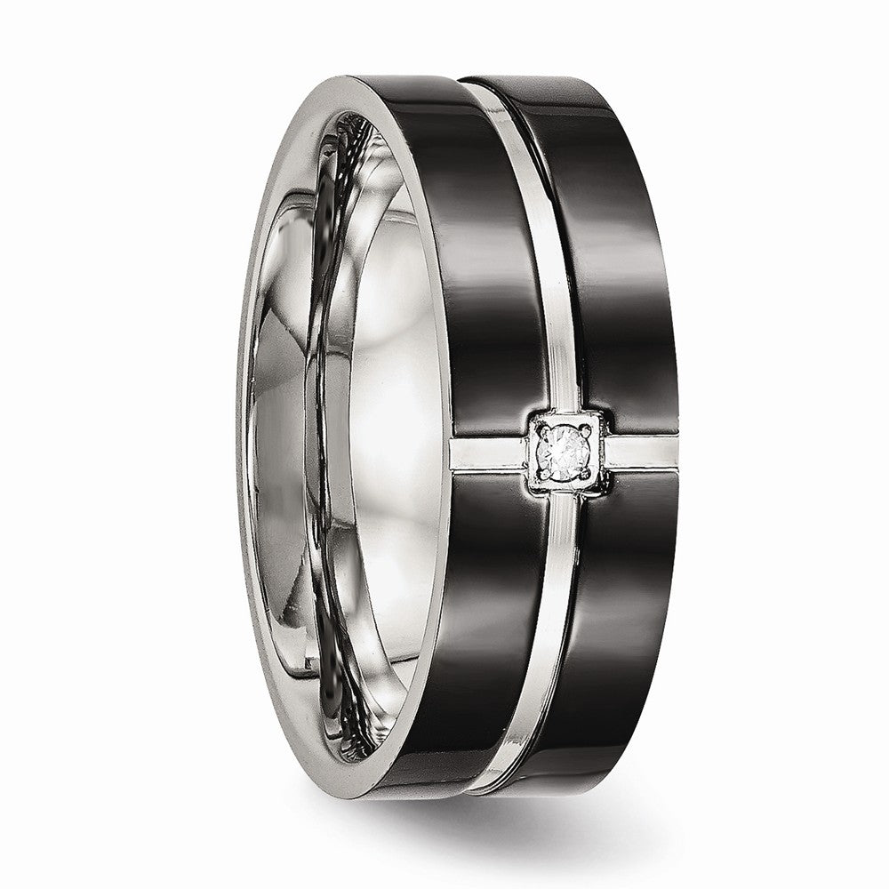 Stainless Steel Black IP-Plated Grooved CZ Comfort Wedding Band