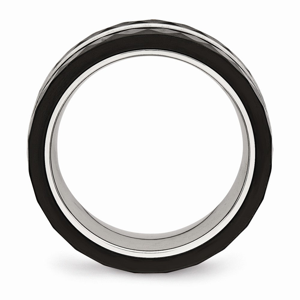Stainless Steel Wedding Band with Polished Faceted Black Ceramic CZ