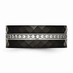 Stainless Steel Wedding Band with Polished Faceted Black Ceramic CZ