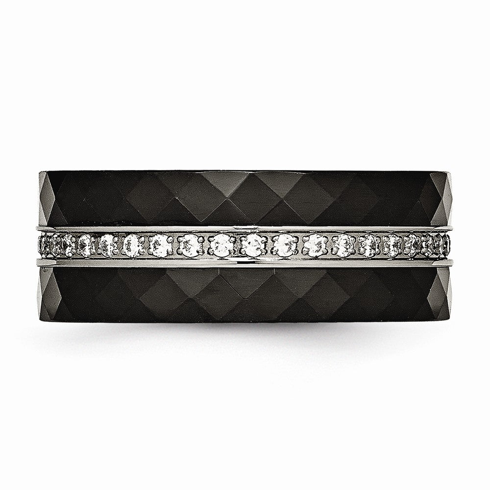 Stainless Steel Wedding Band with Polished Faceted Black Ceramic CZ