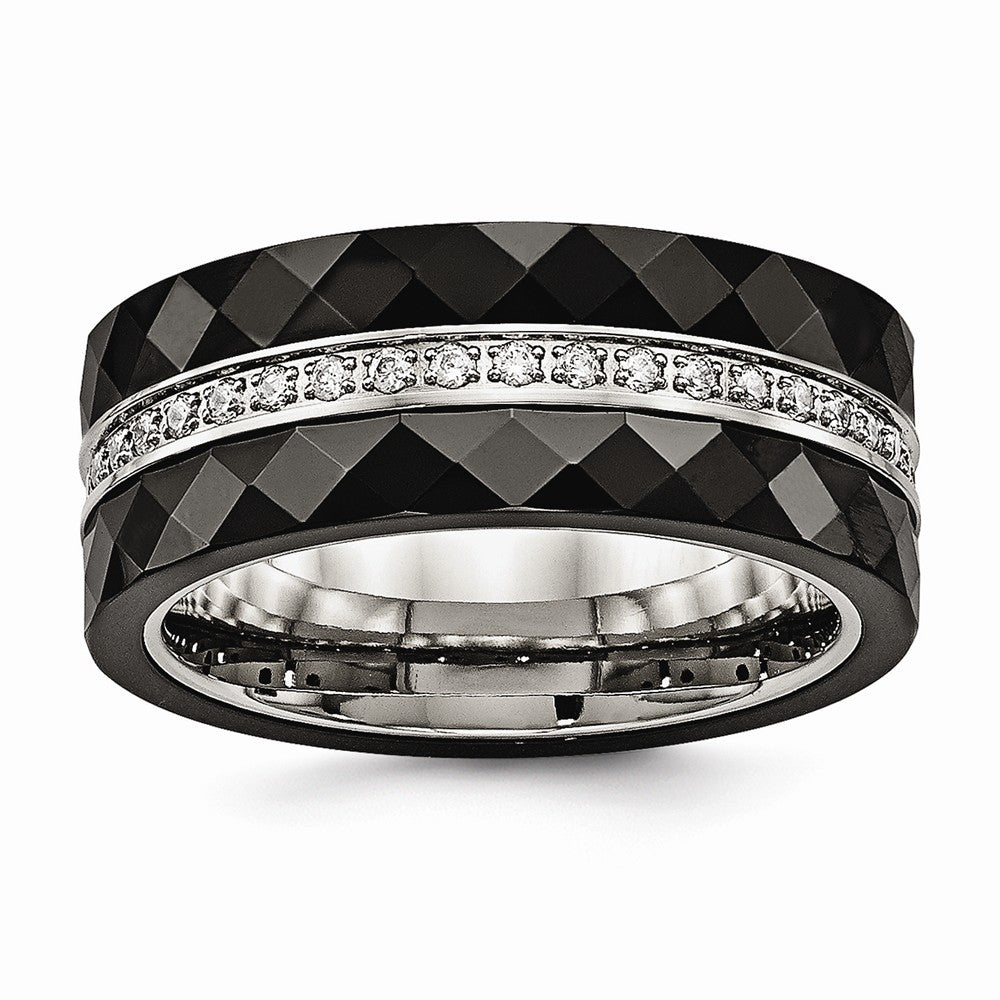 Stainless Steel Wedding Band with Polished Faceted Black Ceramic CZ Main image