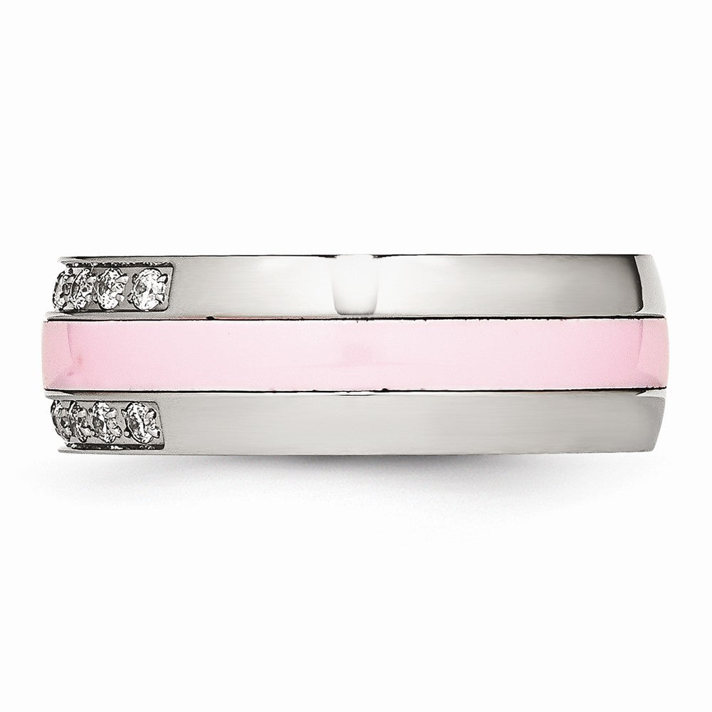 Stainless Steel Polished Pink Ceramic CZ Ring