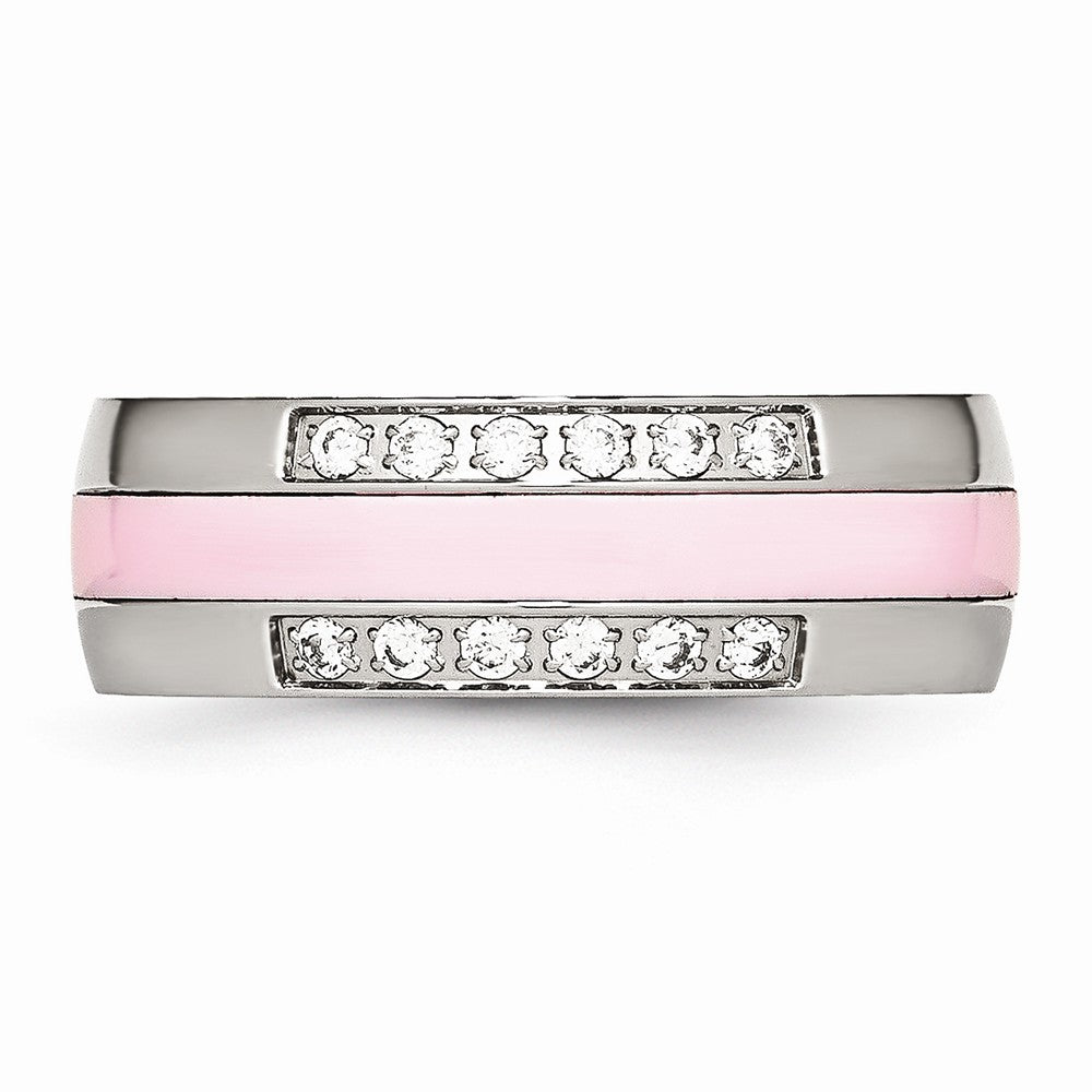 Stainless Steel Polished Pink Ceramic CZ Ring