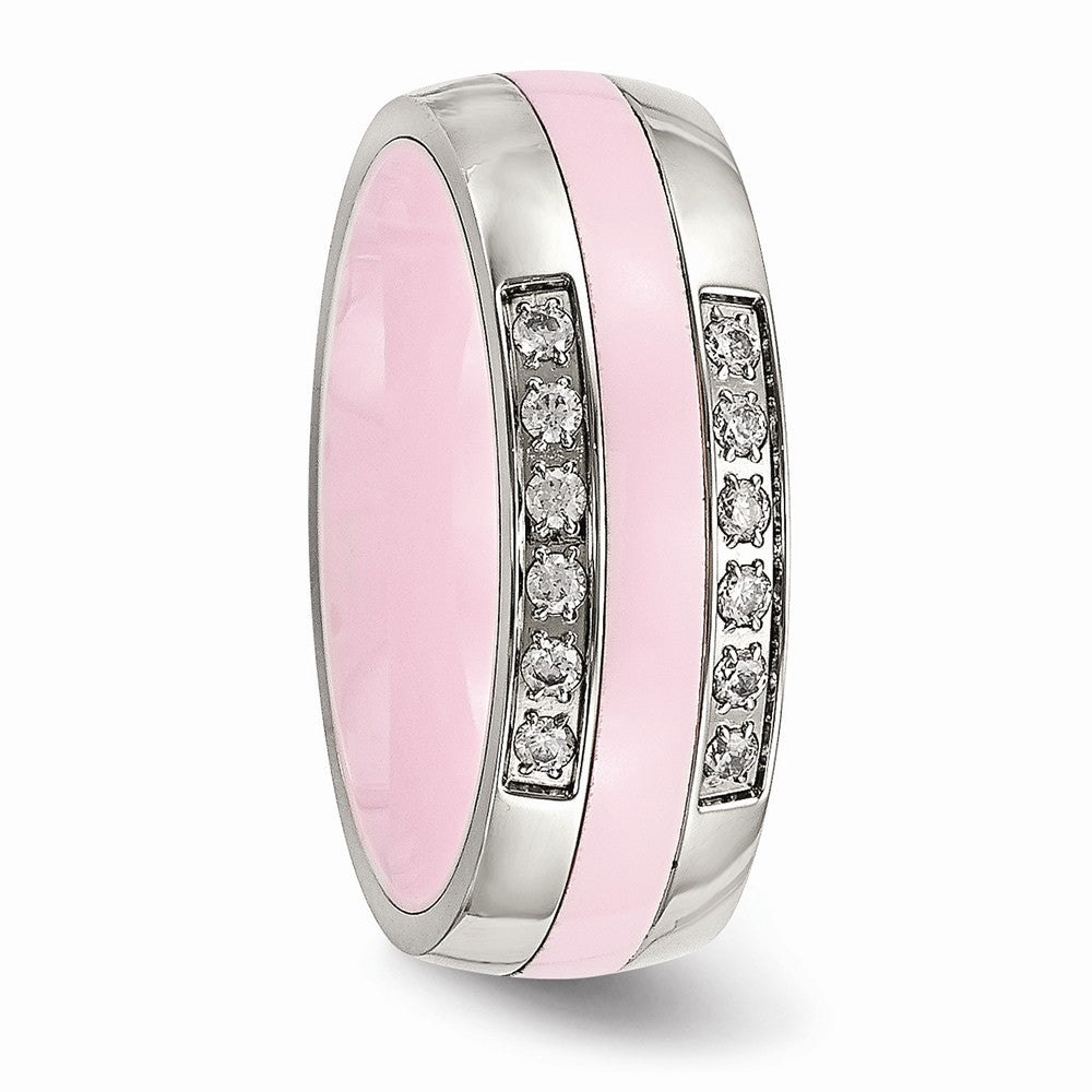 Stainless Steel Polished Pink Ceramic CZ Ring