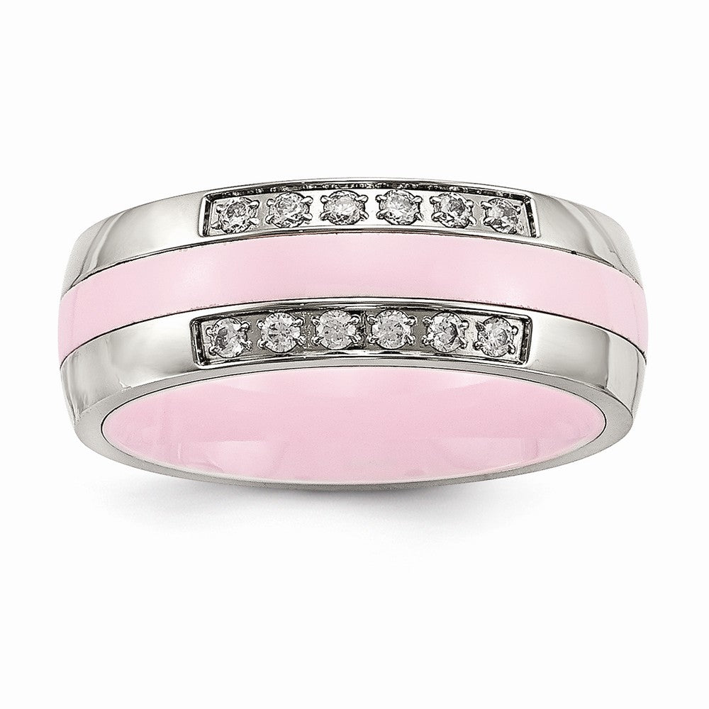 Stainless Steel Polished Pink Ceramic CZ Ring