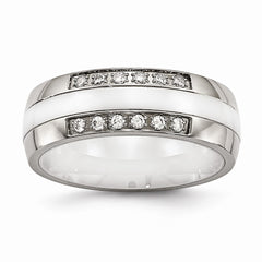 Stainless Steel Polished White Ceramic CZ Ring