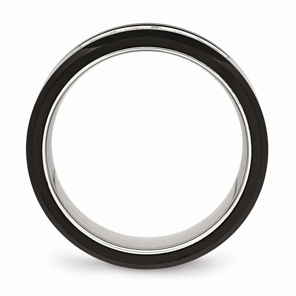 Black Ceramic & CZ Beveled Wedding Band in Stainless Steel, 8mm