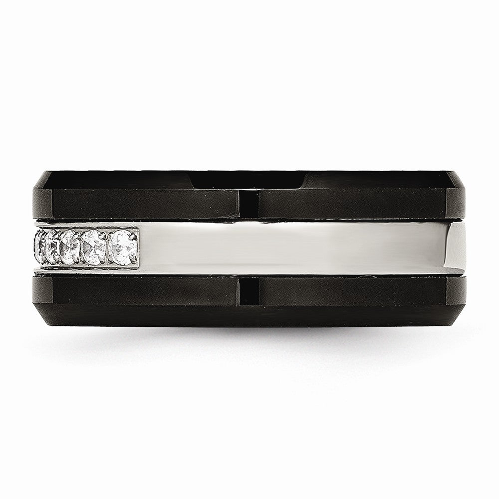 Black Ceramic & CZ Beveled Wedding Band in Stainless Steel, 8mm