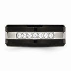 Black Ceramic & CZ Beveled Wedding Band in Stainless Steel, 8mm