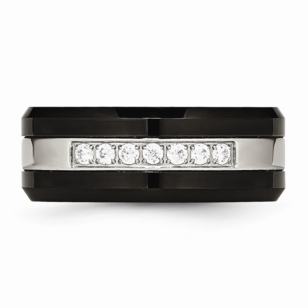 Black Ceramic & CZ Beveled Wedding Band in Stainless Steel, 8mm