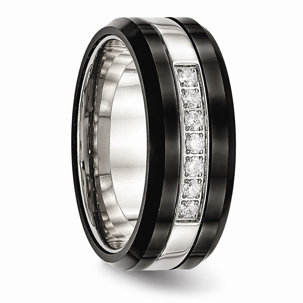 Black Ceramic & CZ Beveled Wedding Band in Stainless Steel, 8mm