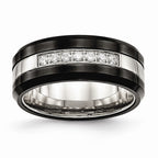 Black Ceramic & CZ Beveled Wedding Band in Stainless Steel, 8mm