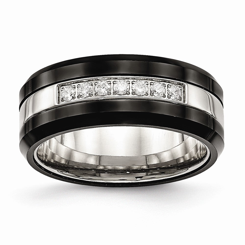 Black Ceramic & CZ Beveled Wedding Band in Stainless Steel, 8mm