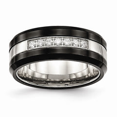 Stainless Steel Polished Black Ceramic CZ Beveled Edge Ring