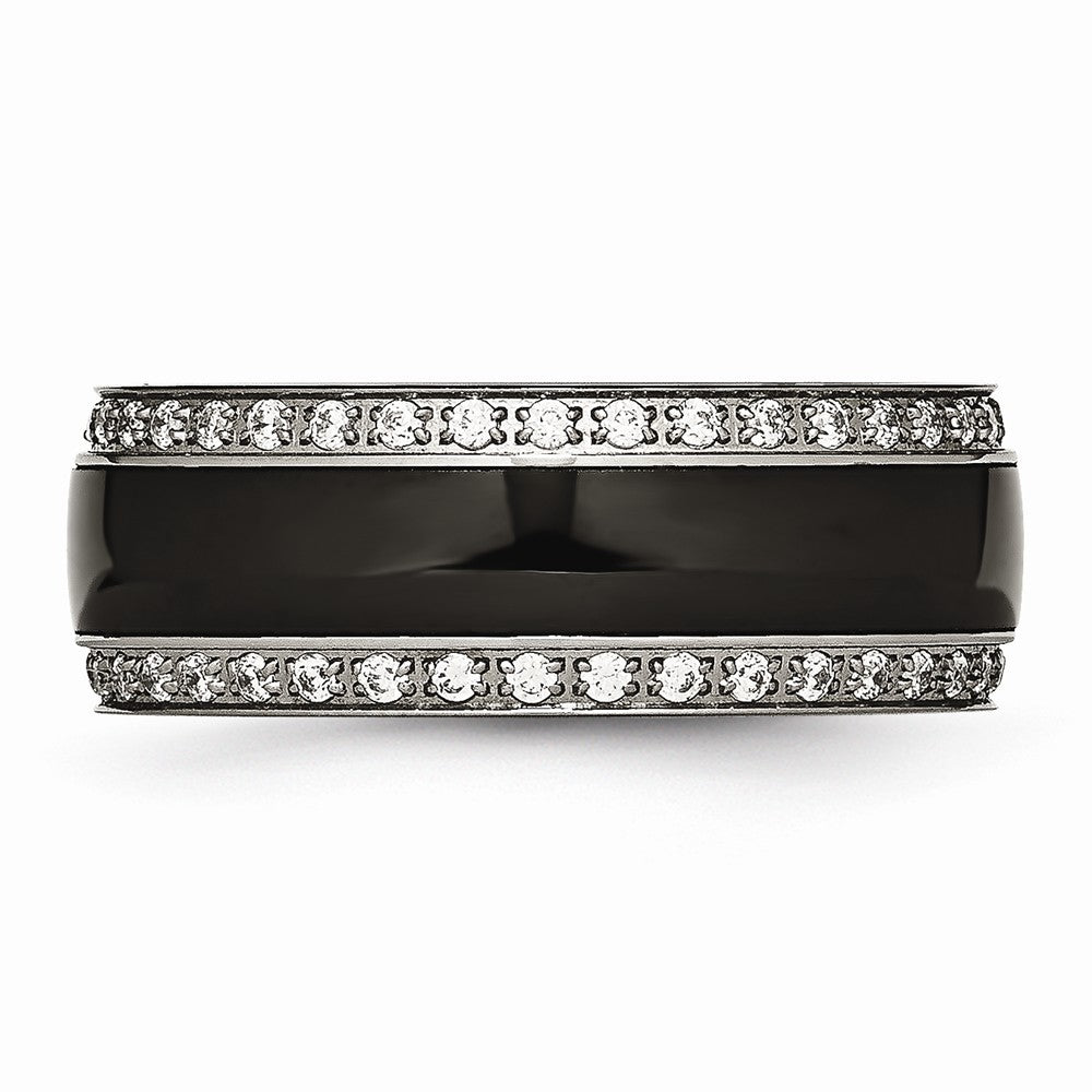 Black Ceramic & CZ Wedding Band in Stainless Steel, 8mm
