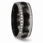 Black Ceramic & CZ Wedding Band in Stainless Steel, 8mm