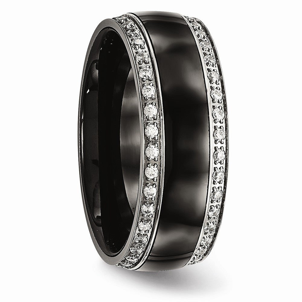 Black Ceramic & CZ Wedding Band in Stainless Steel, 8mm