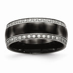 Black Ceramic & CZ Wedding Band in Stainless Steel, 8mm