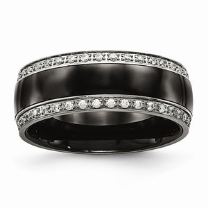 Black Ceramic & Cubic Zirconia Wedding Band in Stainless Steel, 8mm, Size 6–13 - Sophia Jewelers