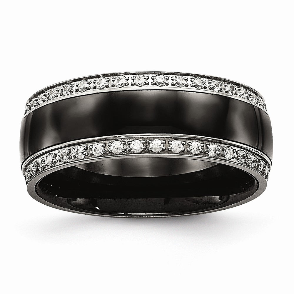Black Ceramic & CZ Wedding Band in Stainless Steel, 8mm