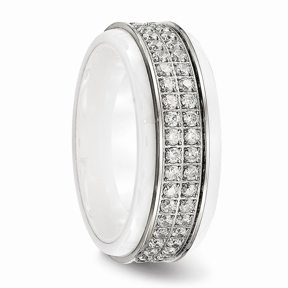 Stainless Steel Polished White Ceramic CZ Ridged edge Ring