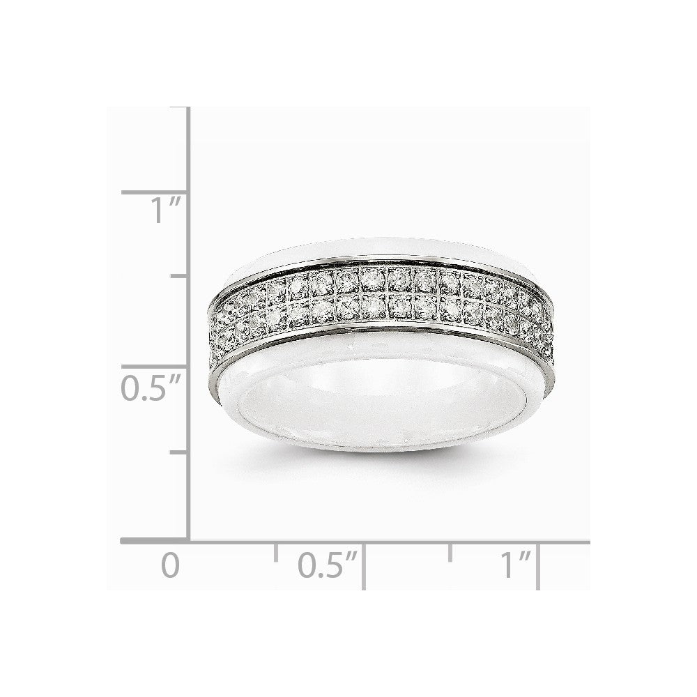 Stainless Steel Polished White Ceramic CZ Ridged edge Ring